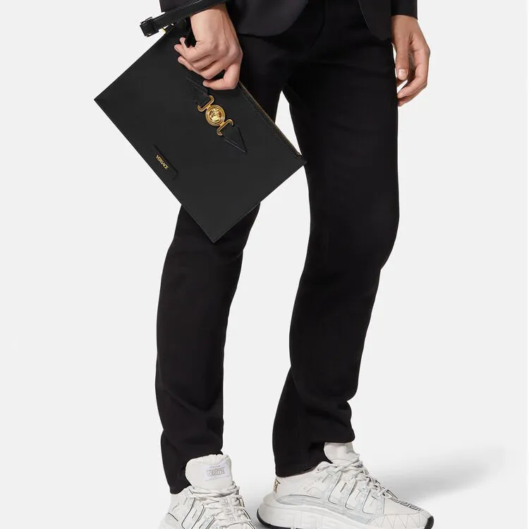 VERSACE Cow Leather Clutch Men's Black-3