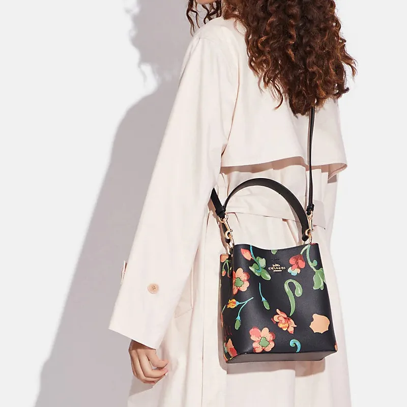 COACH Canvas With Leather Bucket Bag Portable Crossbody Bag Shoulder Bag Small Size Women's Black Floral Print-4
