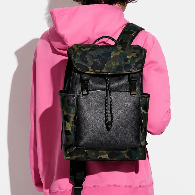COACH Coated Canvas With Soft Pebbled Leather Backpack Large Size Men's Black Monogram With Camouflage-3