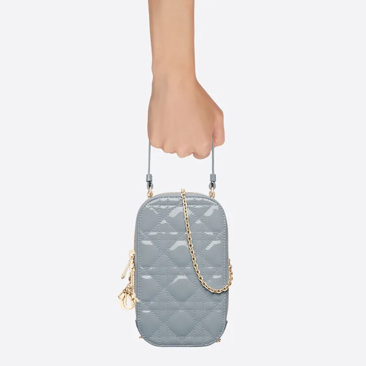 DIOR Lacquered Finish Calfskin Handheld Handbag, Shoulder Bag, Crossbody Bag, Cell Phone Pouch Women's Haze Blue-6