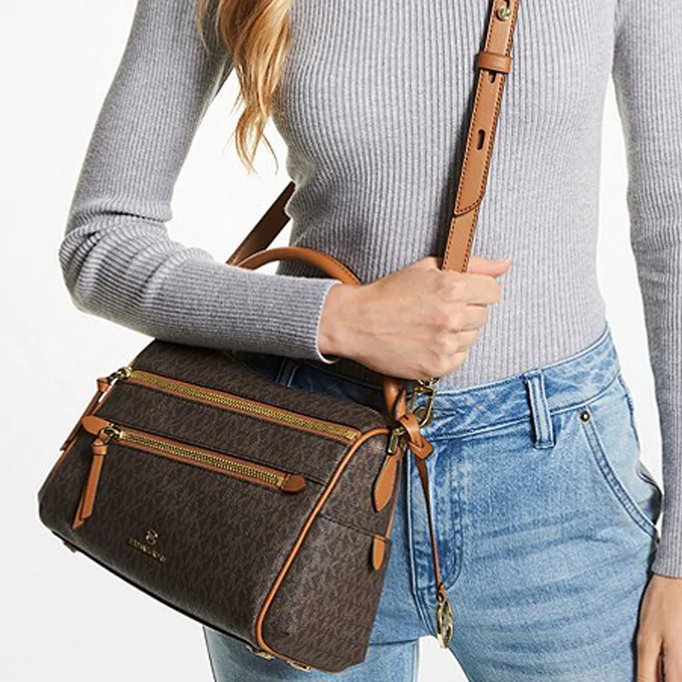 MICHAEL KORS Lorimer Canvas With Leather Biker Bag Handbag Shoulder Bag Crossbody Bag Women's Dark Brown & Acorn Brown-5
