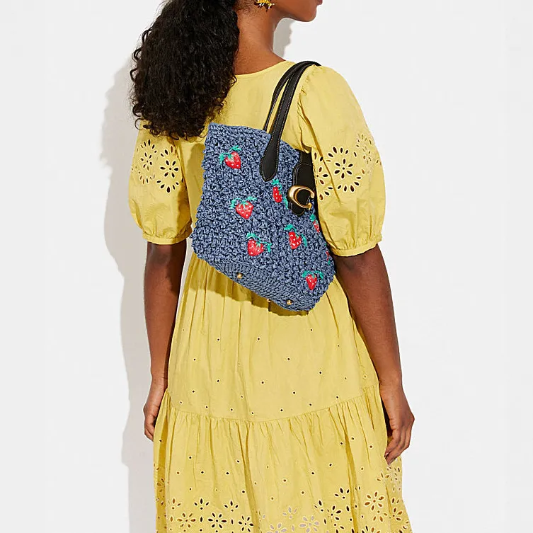 COACH Cellulose Material With Straw Tote Bag, Shopping Bag, Shoulder Bag, Handbag Medium Size Women's Blue-4