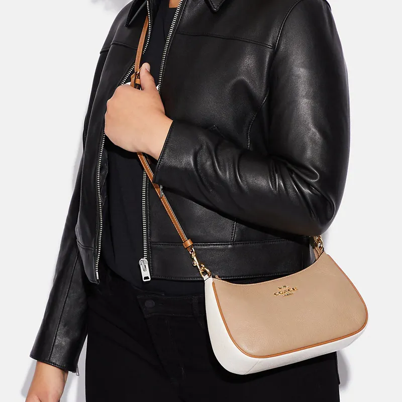 COACH Teri Leather Shoulder Bag, Handbag, Crossbody Bag, Shoulder Bag Women's Gold/Taupe Multicolor-3