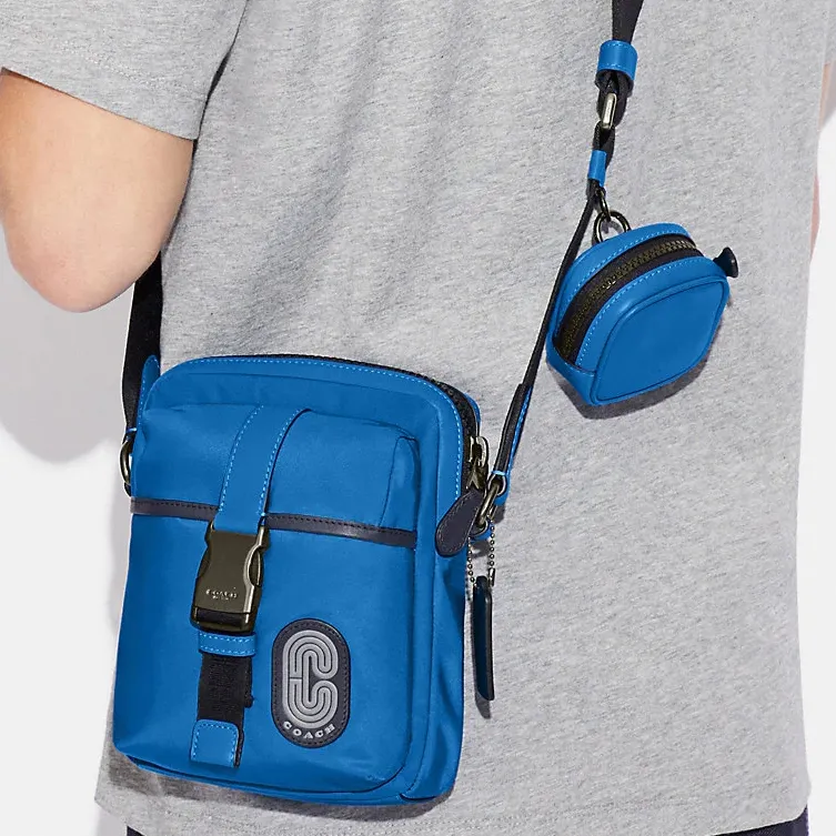 COACH Ma Nylon With Smooth Calfskin Combo Bag Shoulder Bag Crossbody Bag Small Size Men's Blue-4