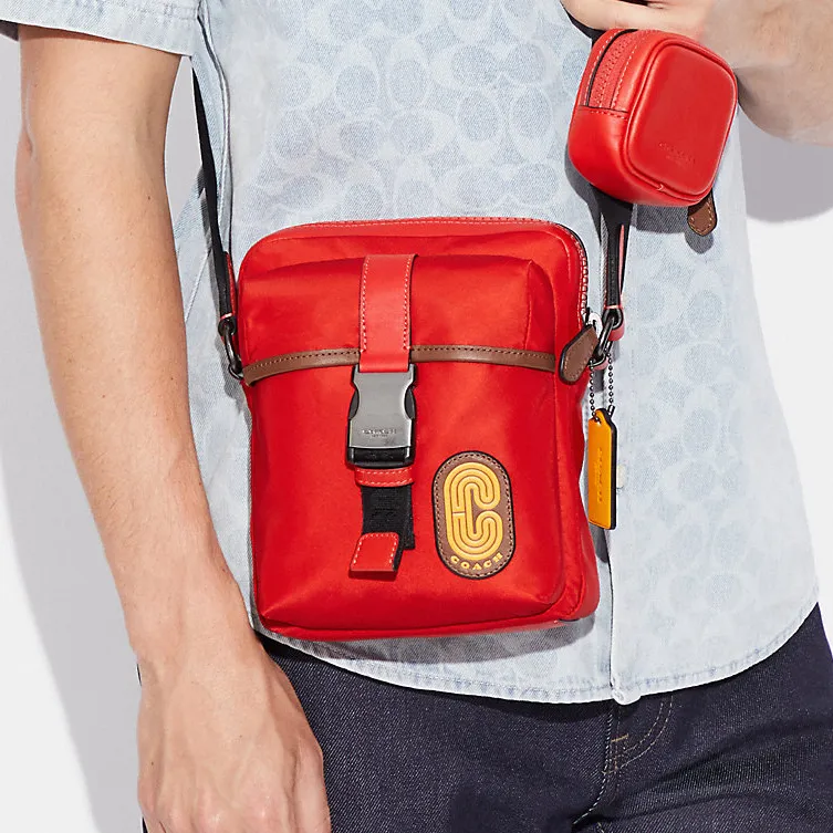 COACH Ma Nylon With Smooth Calfskin Combo Bag Shoulder Bag Crossbody Bag Small Size Unisex Red-3