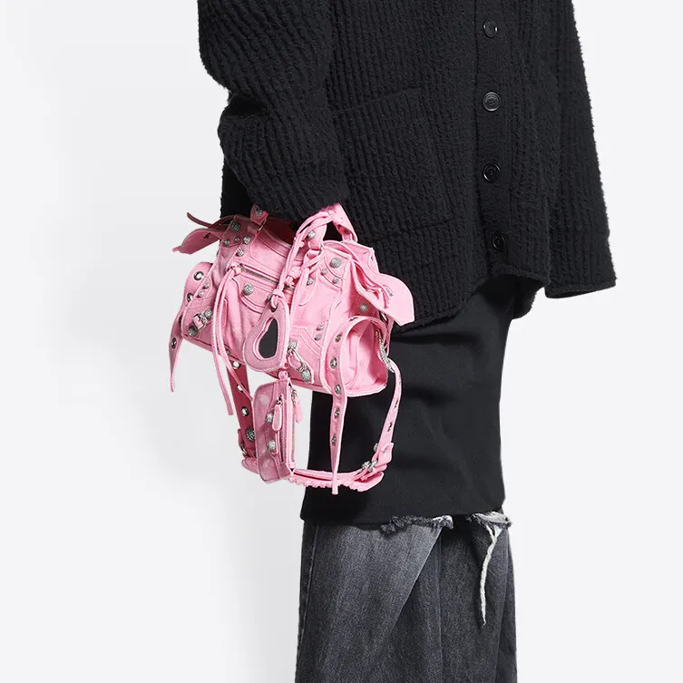 Balenciaga Neo Cagole Washable Frayed Denim Handbag Shoulder Bag Crossbody Bag Extra Small Women's Pink-4