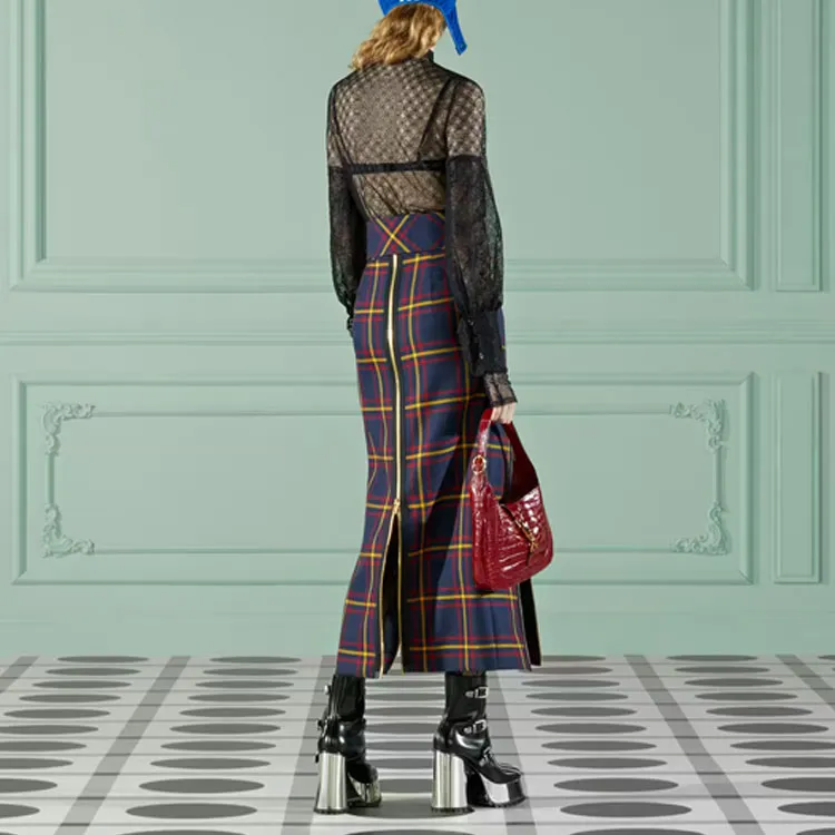 GUCCI Buckled Belt Tartan Skirt-2