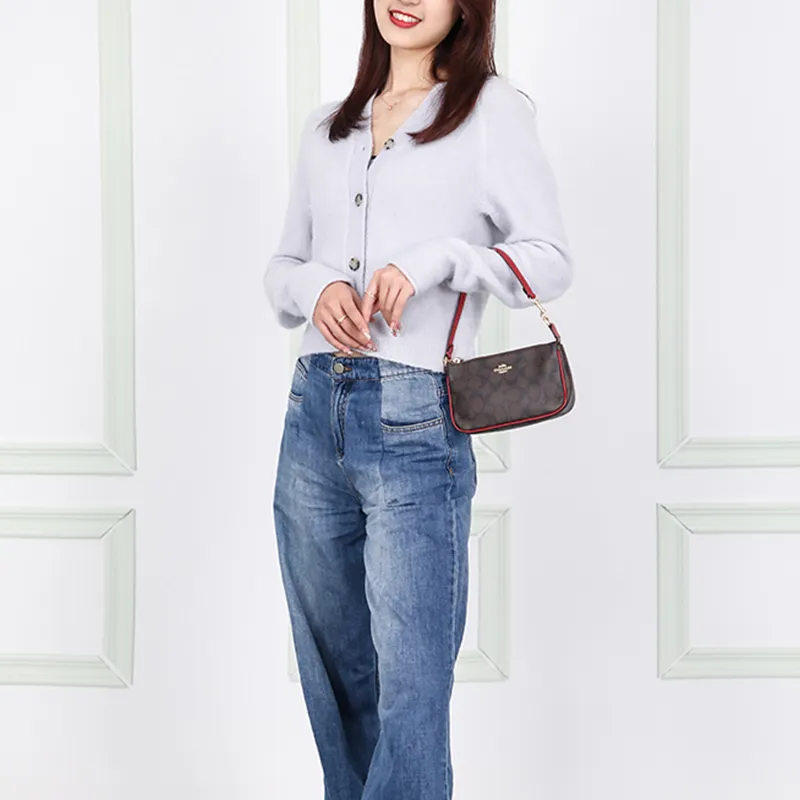 COACH Nolita Canvas With Leather Pochette, Wrist Bag, One Shoulder Handbag, Clutch Small Size Women's Dark Brown-1