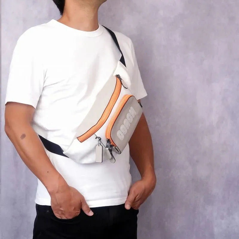 COACH Track Canvas With Calfskin Fanny Pack Large Size Men's White & Orange & Milk Tea Brown-4
