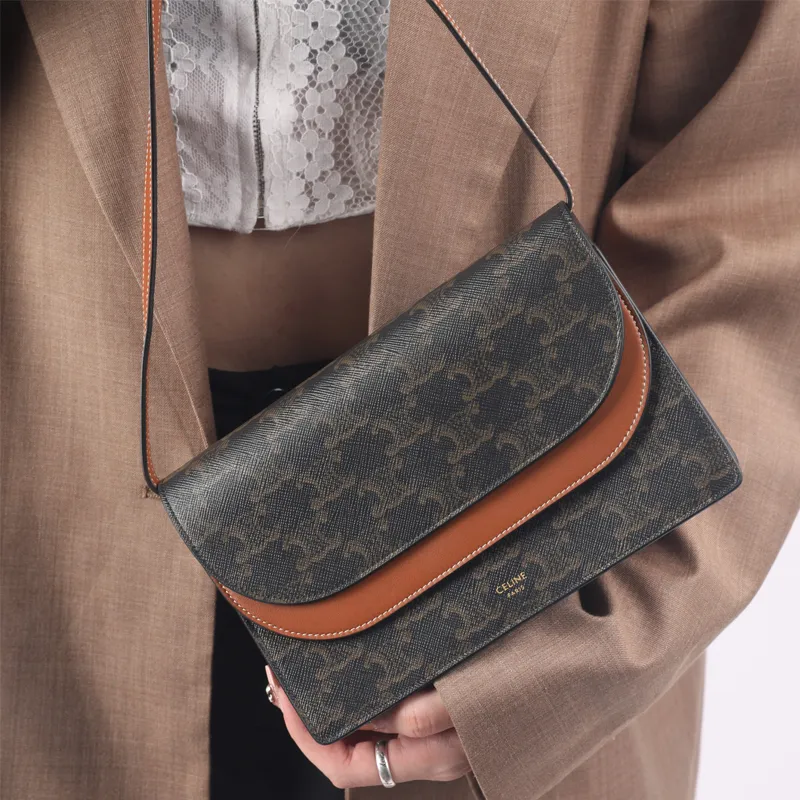 CELINE Triomphe Coated Canvas With Lambskin Trim Wallets Shoulder Bag Crossbody Bag Regular Women's Tawny-6