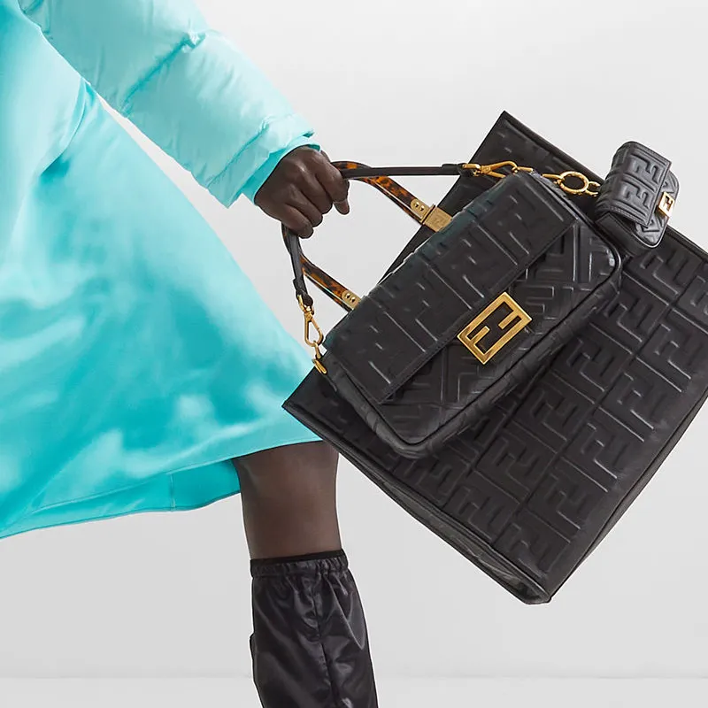 FENDI Sunshine Cow Leather Tote Bag, Shopping Bag, Shoulder Bag, Crossbody Bag, Handbag Medium Size Women's Black-5