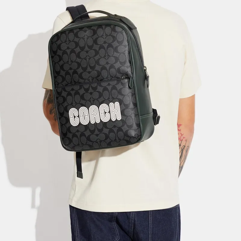 COACH Westway Coated Canvas With Smooth Calfskin Backpack Large Size Unisex Black-4