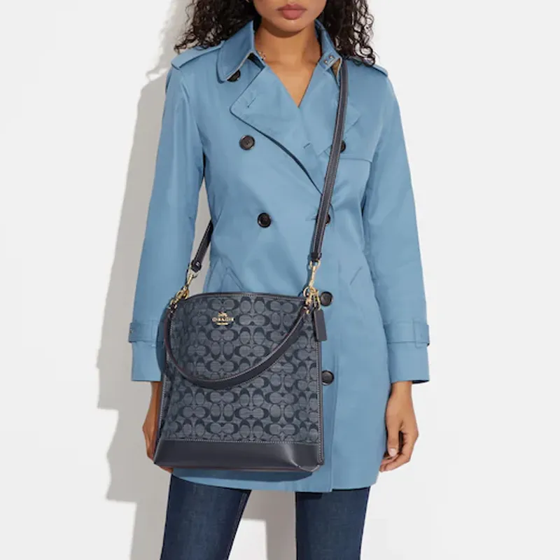 COACH Mollie Fabric With Cow Leather Bucket Bag, Handbag, Shoulder Bag, Crossbody Bag Tubas Women's Denim Blue-3
