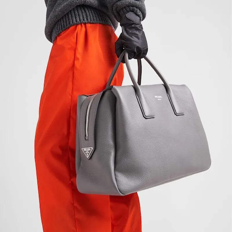 PRADA Leather Portable Travel Bag Men's Gray-3