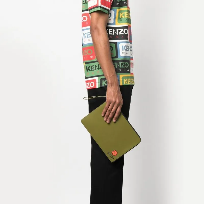 KENZO Cow Leather Wallets Clutches Large Size Unisex Green-5