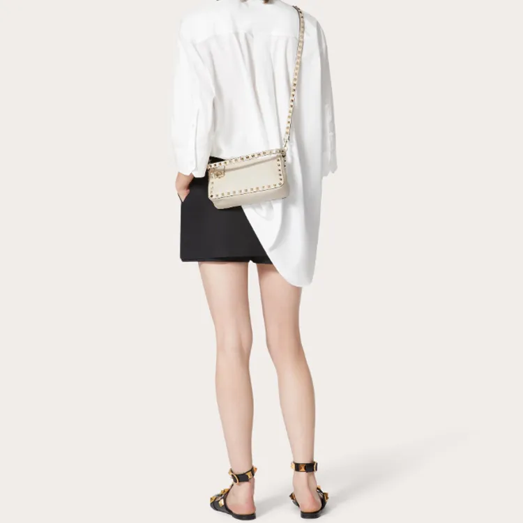 Valentino Rockstud Grain Calfskin Baguette Bag, One Shoulder Handbag Trumpets Women's White-5
