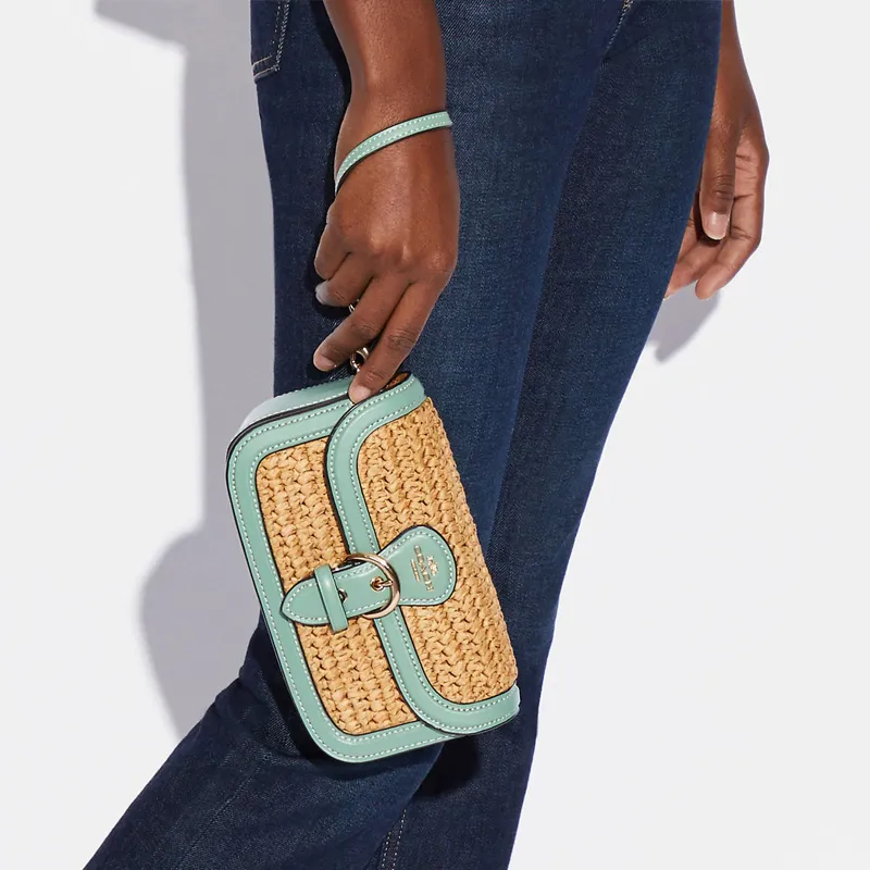 COACH Kleo Cow Leather Clutch, Wrist Bag, Crossbody Bag, Shoulder Bag Women's Khaki & Blue-3