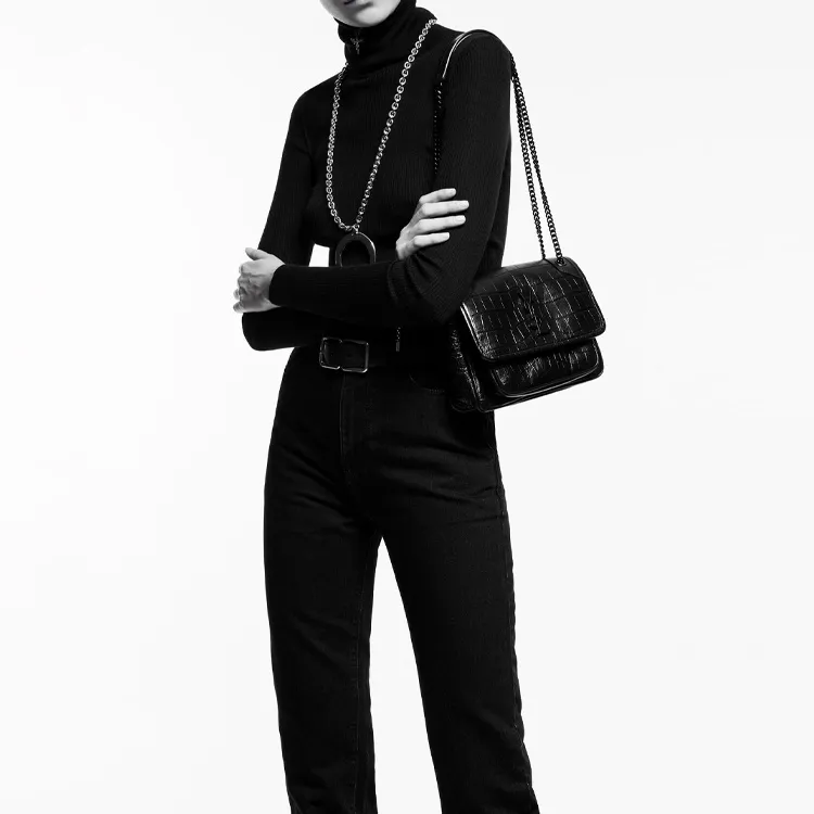 SAINT LAURENT Niki Crocodile Pattern Embossed Leather Hobo Bag Crossbody Bag Shoulder Bag Women's Black-6