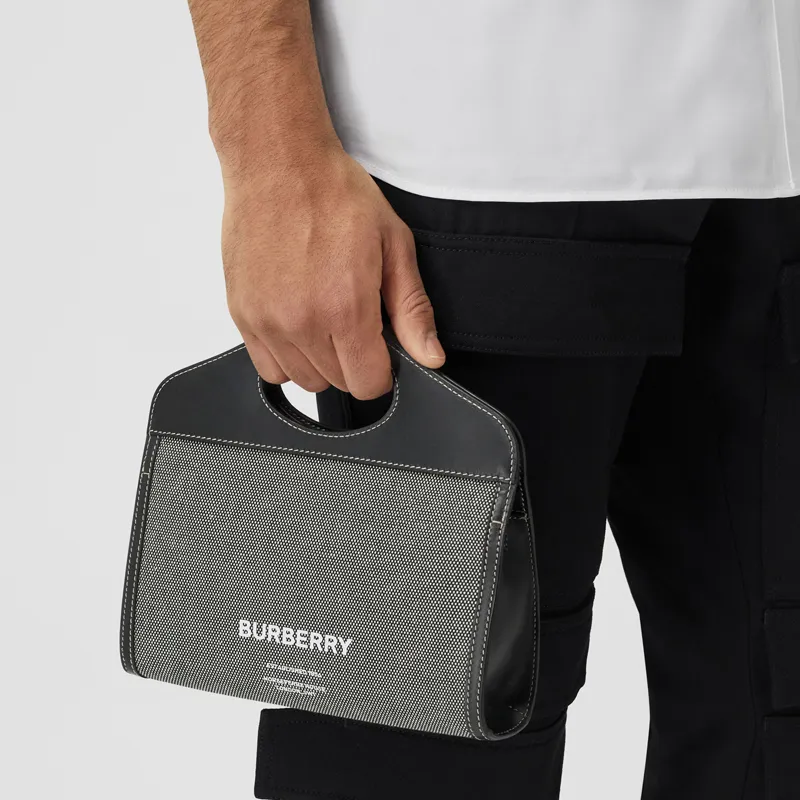 Burberry Horseferry Calfskin With Cotton Tote Bag Shopping Bag Shoulder Bag Crossbody Bag Handbag Men's Black/Gray-8