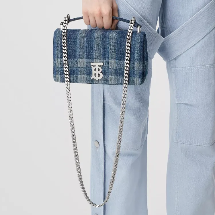 Burberry Lola Bag Quilted Denim Cotton Linen Blend Plaid Crossbody Bags Shoulder Bags Women's Blue-7