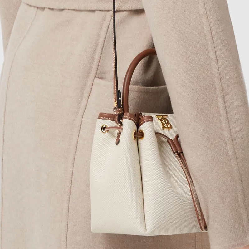Burberry Cotton Canvas With Leather Bucket Bag Handbag Shoulder Bag Crossbody Bag Mini Women's Light Umber-7