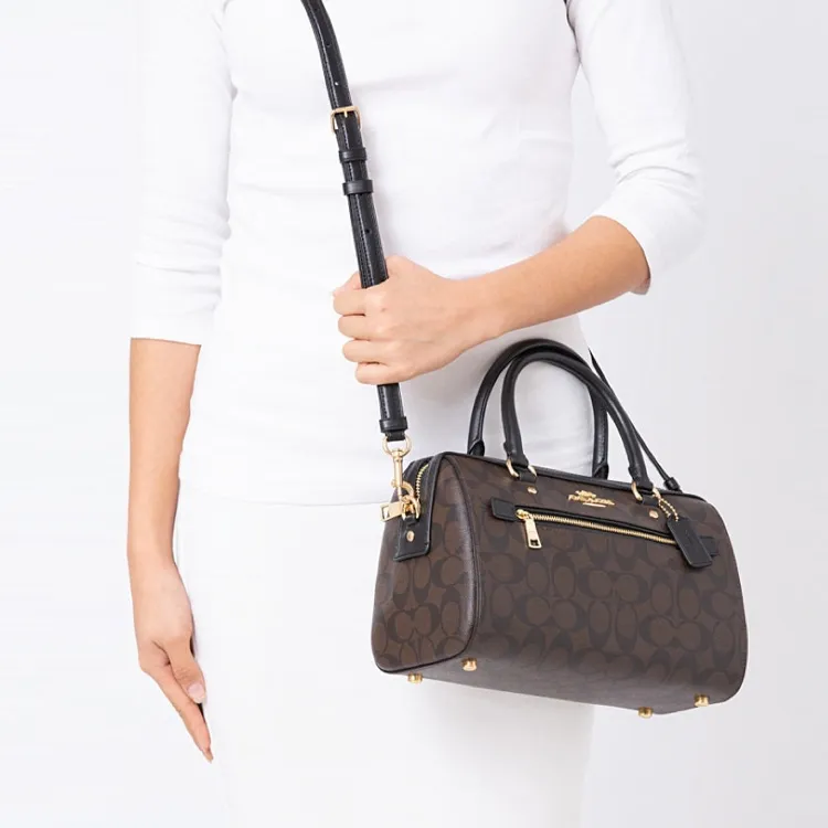 COACH Rowan Coated Canvas With Smooth Leather Boston Bag, Handbag, Shoulder Bag, Crossbody Bag Tubas Women's Dark Brown-7