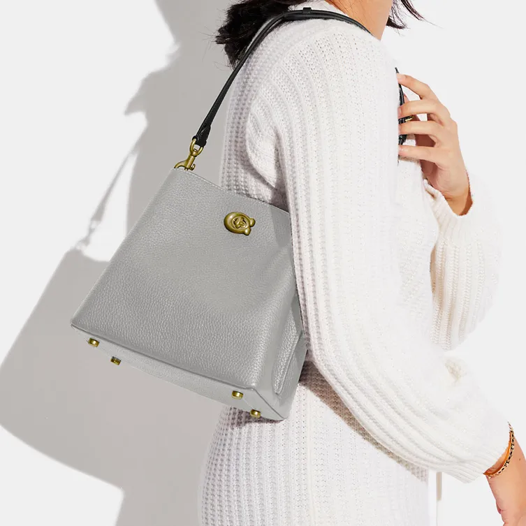 COACH Willow Pebbled Leather Bucket Bag, Handbag, Crossbody Bag Women's Gray & Black-5