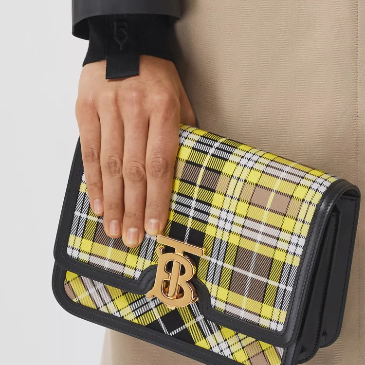 Burberry Cotton Fabric With Calfskin Shoulder Bag Crossbody Bag Small Size Women's Mango Yellow With Floral Pattern-6