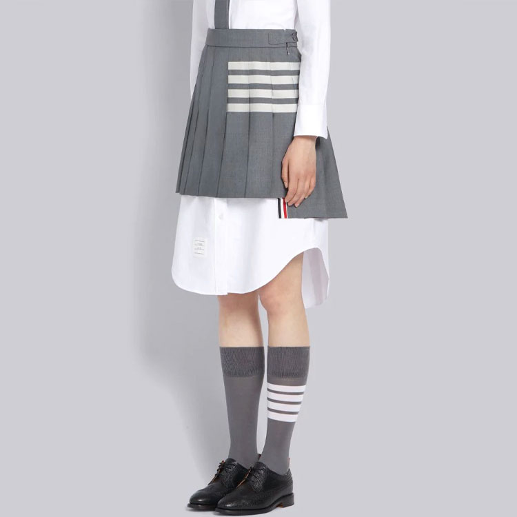 THOM BROWNE★Plain Weave 4-Bar Pleated Mini Skirt Plain Weave 4 Bar Mini Pleated Skirt | Thom Browne