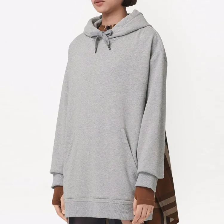 Burberry Check Panel Cotton Hoodie Grey/Check Brown-3
