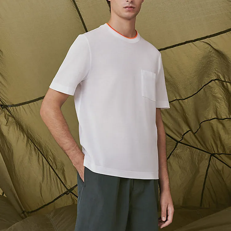 HERMES Solid Color Pocket Crew Neck Short Sleeved Shirt T Shirt Men's White-2