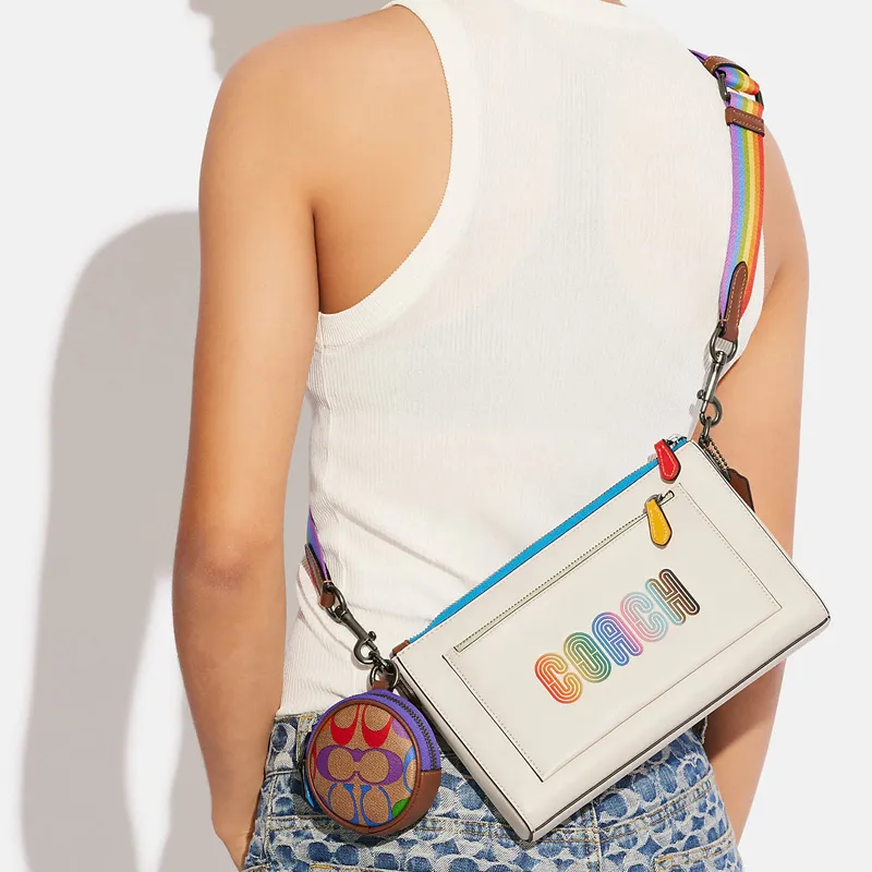 COACH Leather Shoulder Bag, Crossbody Bag Mini Women's White/Brown/Rainbow-3