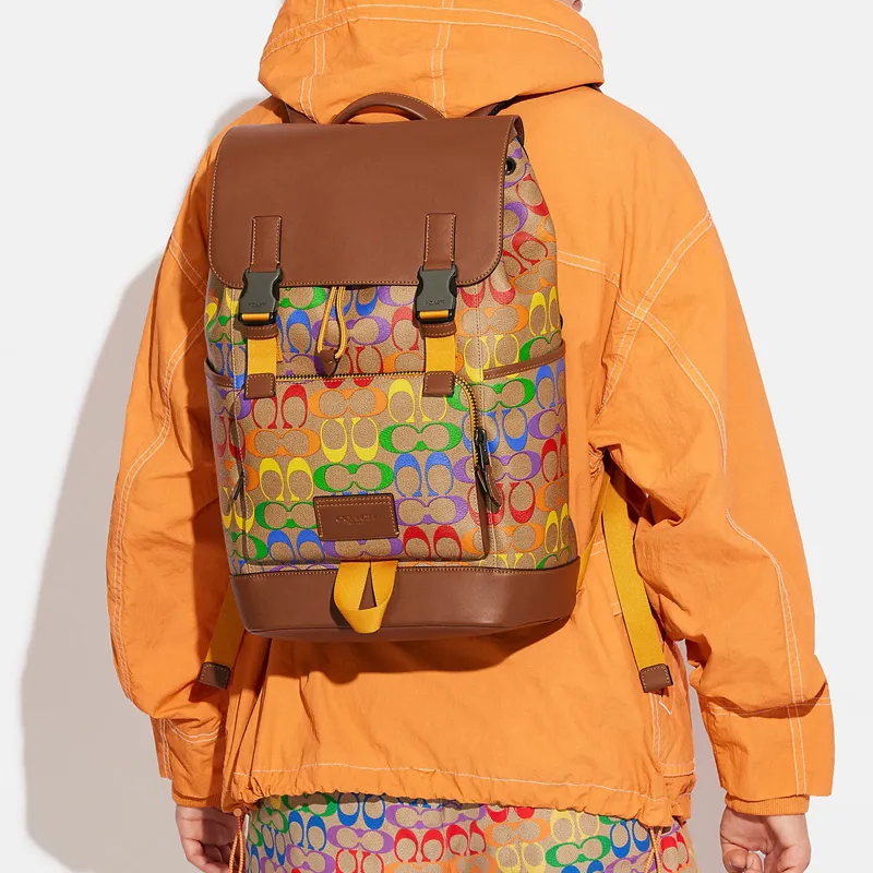 COACH Track Canvas With Smooth Calfskin Backpack Regular Women's Brown & Rainbow-3
