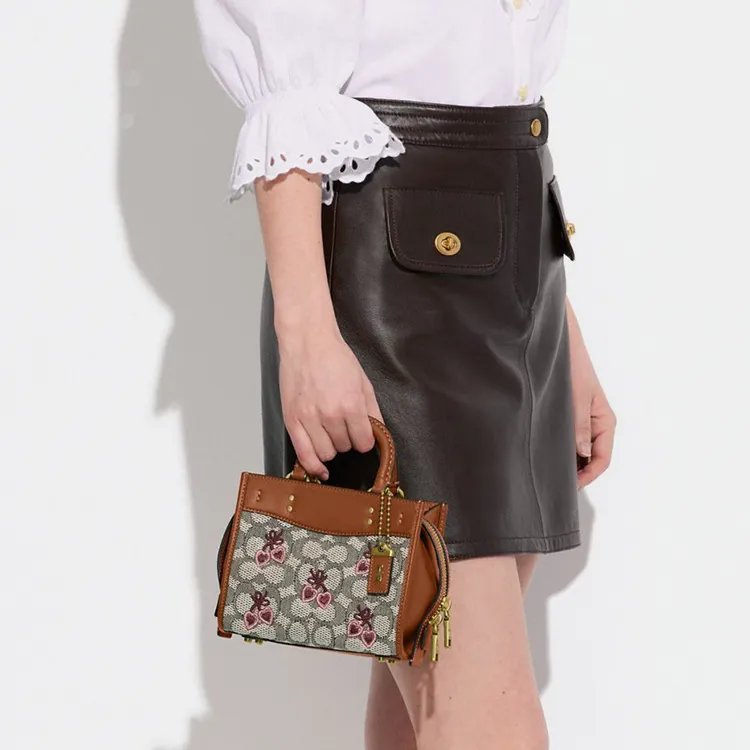 COACH Rogue Embroidery Fabric With Cow Leather Handbag, Shoulder Bag, Crossbody Bag Small Size Women's Monogram Brown-3