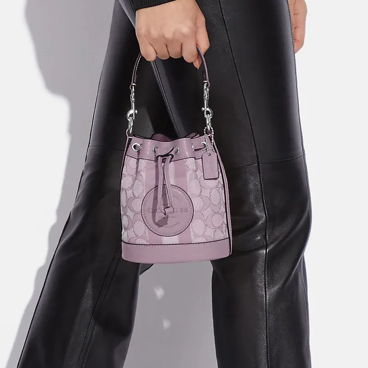 COACH Dempsey Fabric With Pebbled Leather Bucket Bag, One Shoulder Handbag, Crossbody Bag Mini Women's Lilac Purple-4