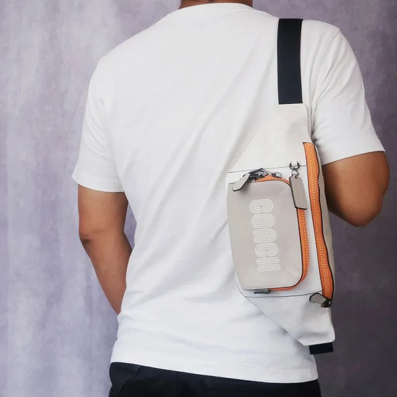 COACH Track Canvas With Calfskin Fanny Pack Large Size Men's White & Orange & Milk Tea Brown-5