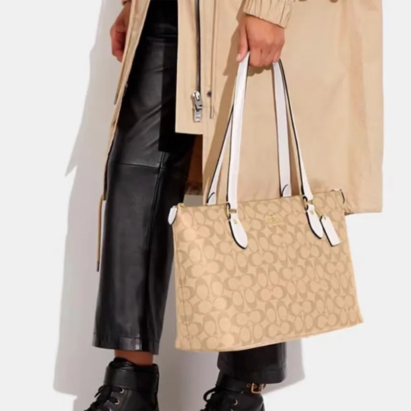COACH Zip Top Tote Coated Canvas With Leather Tote Bag Shopping Bag Handbag Shoulder Bag Women's Khaki White Multicolor-5