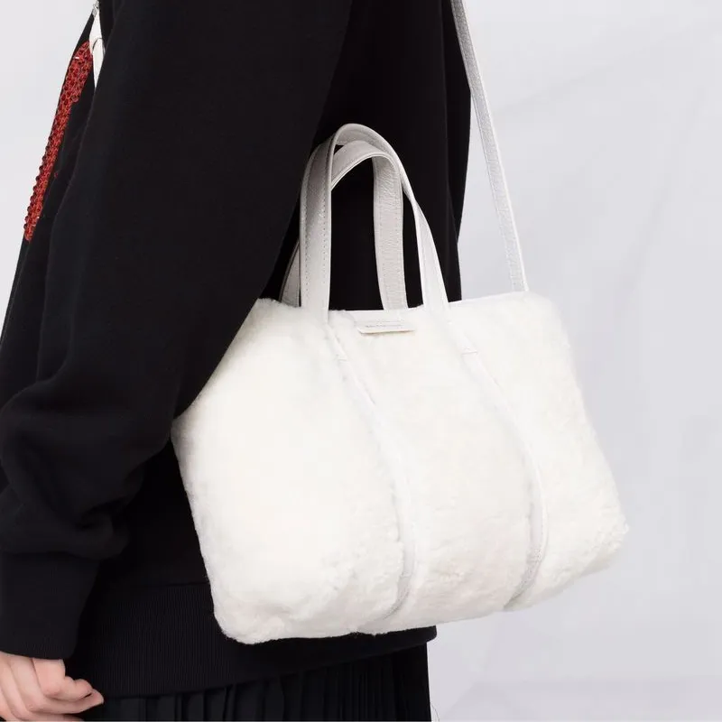 Balenciaga Barbes Sheepskin Shearling Crossbody Handbag Trumpets Women's White-4