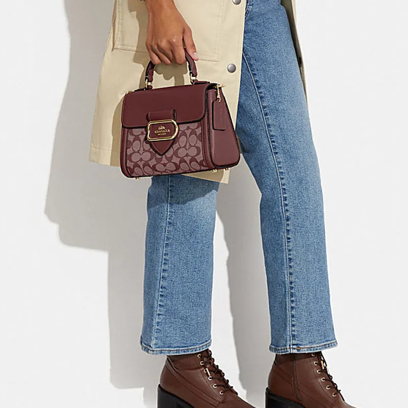 COACH Morgan Fabric Cow Leather Patchwork Handbags Shoulder Bag Crossbody Bag Small Size Women's Burgundy-3