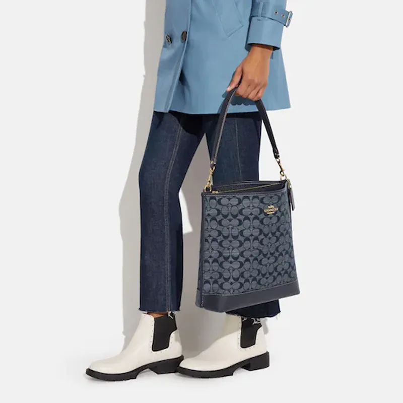 COACH Mollie Fabric With Cow Leather Bucket Bag, Handbag, Shoulder Bag, Crossbody Bag Tubas Women's Denim Blue-4