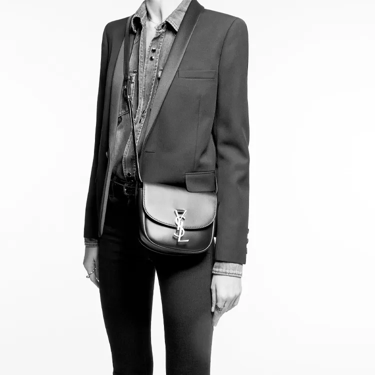SAINT LAURENT KAIA Shiny Crocodile Pattern Embossed Cow Leather Saddle Bag Crossbody Shoulder Bag Women's Black-7