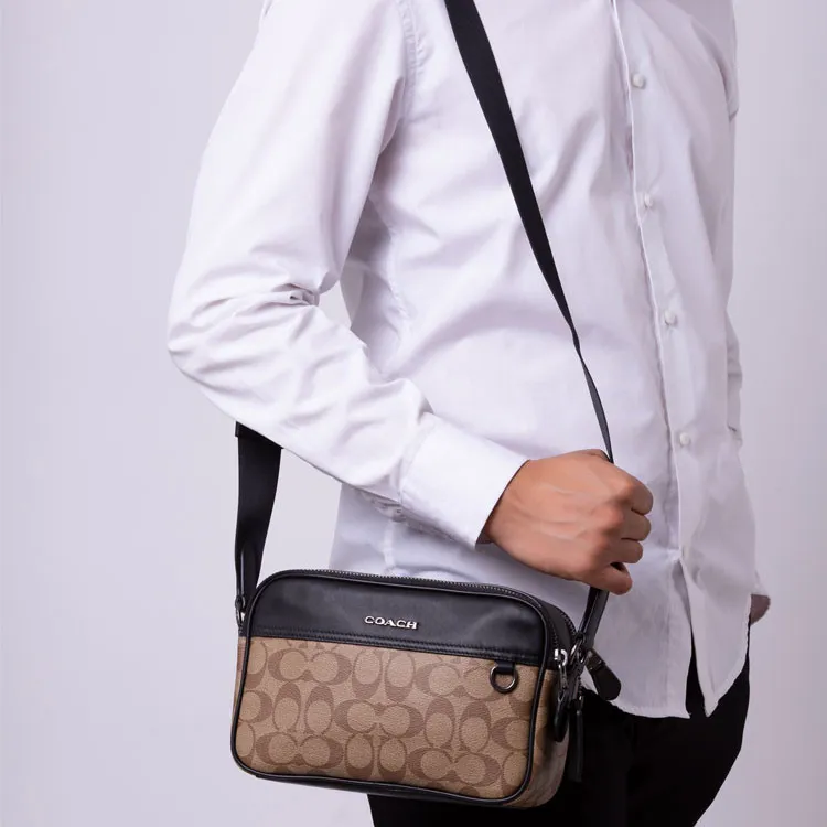COACH Canvas With Leather Shopping Bag Handbag Shoulder Bag Crossbody Bag Small Size Men's Khaki/Black-2