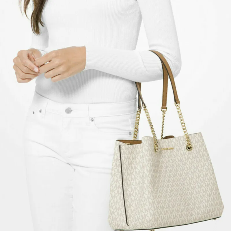 MICHAEL KORS Teagen Canvas Handbag Shoulder Bag Women's Vanilla White & Brown-2