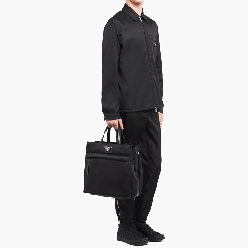 PRADA Recycled Nylon Leather Handle Tote Bag, Shopping Bag, Handbag Men's Black-4