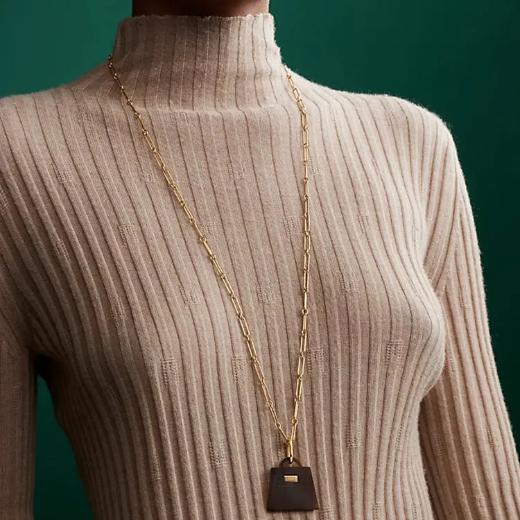 HERMES Kelly Buffalo Horn, Wooden Pendant, Metal Parts Necklaces Women's Gold-2