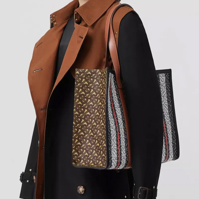 Burberry Monogram Canvas With Calfskin Tote Bag, Shopping Bag, Shoulder Bag, Handbag Trumpets Women's Brown-5