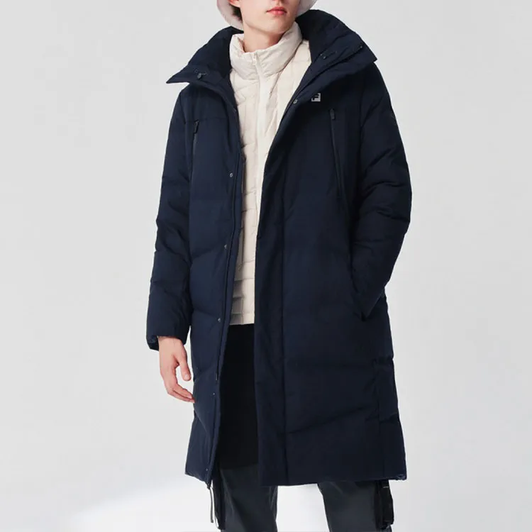 FILA Solid Color Hooded Long Down Jacket Men's Pitch Black-2