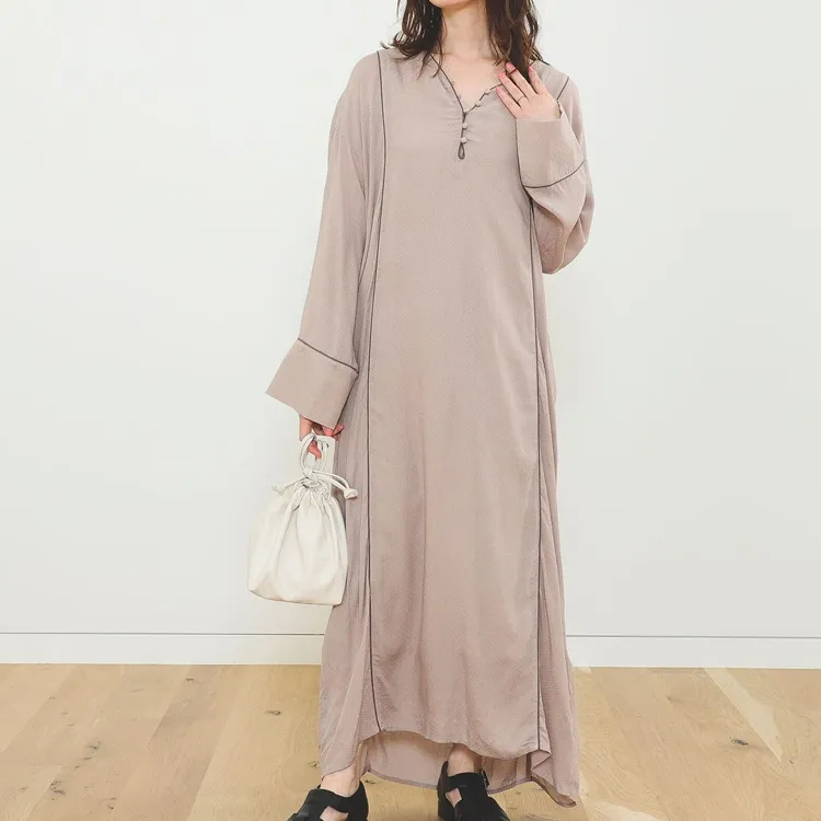 Beams Long Sleeved Dresses Women's Pink Beige-4