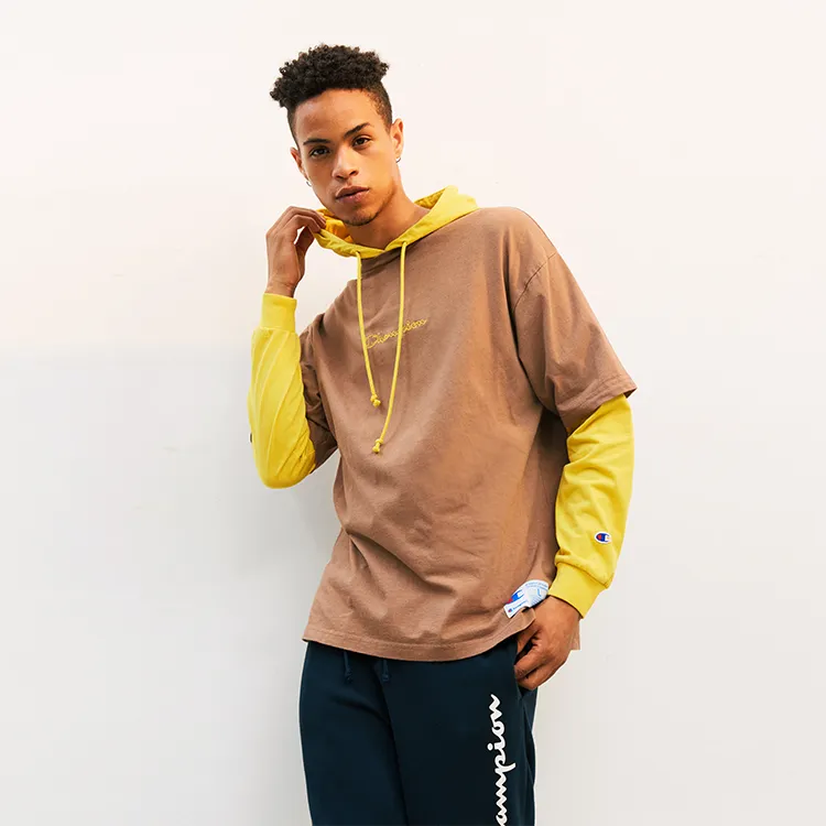 Champion Fitted Mock Two-Piece Long-Sleeved T-Shirt Japan Version Unisex Khaki-4