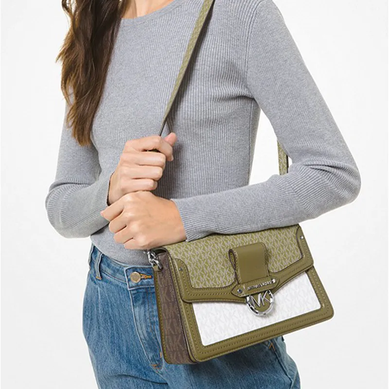 MICHAEL KORS Jessie Canvas Detail Crossbody Bag, Shoulder Bag Medium Size Women's Avocado Green & White-5
